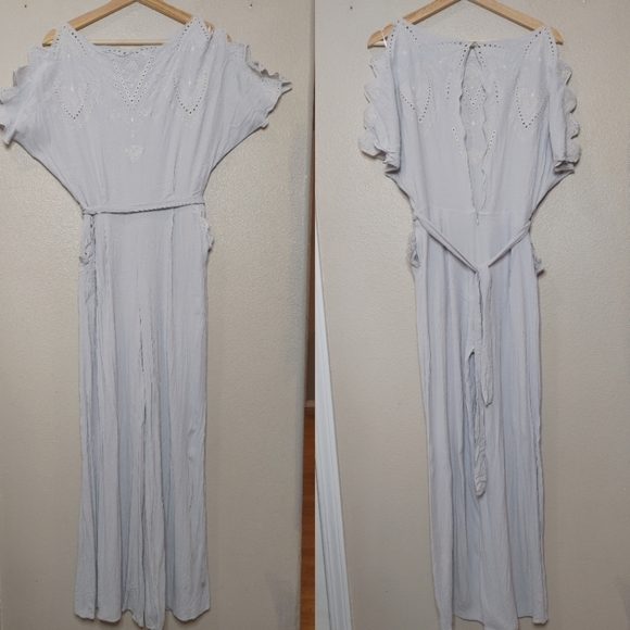 Anthropologie‎ Elevenses Acacia Embroidered Jumpsuit Cutouts Wide Leg US 0 Gray - Picture 1 of 13